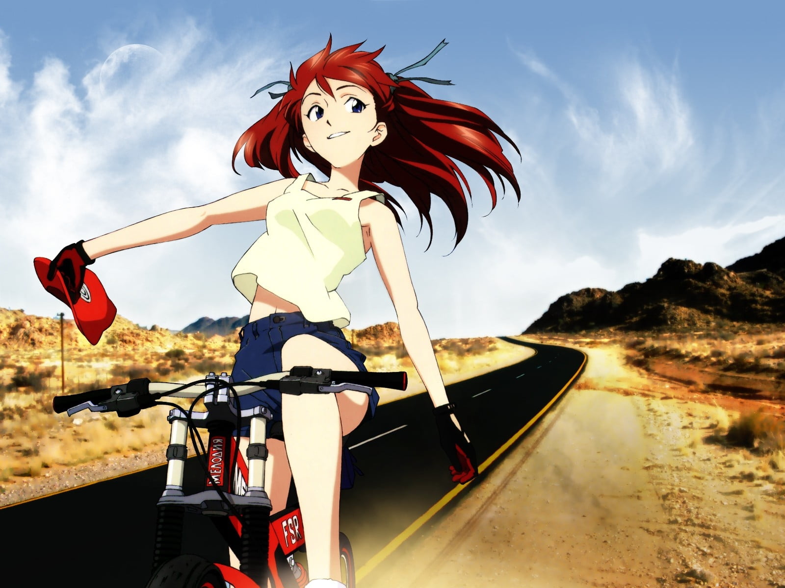 female anime character riding bicycle