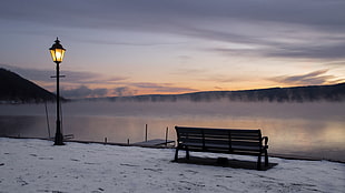 photography of wooden bench facing body of water near outdoor post lamp, keuka lake
