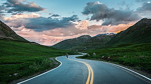 gray concrete road near mountain, nature, landscape, sky, sunset