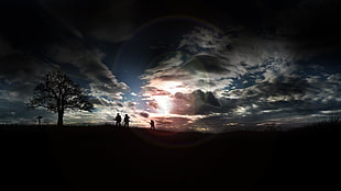 trees and people silhouette, sunlight, soldier, trees, clouds