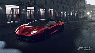 red Lamborghini sports car, Forza Horizon 2, car, supercars, Lamborghini Aventador HD wallpaper