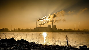 body of water, architecture, factories, chimneys, dust