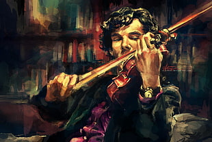man playing violin painting, Sherlock Holmes, violin, Benedict Cumberbatch, watch HD wallpaper