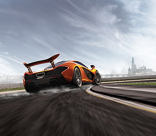 orange sports car on race track road under white clouds HD wallpaper