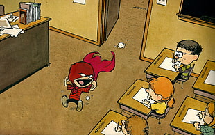 boy in red cape inside classroom 2D cartoon show