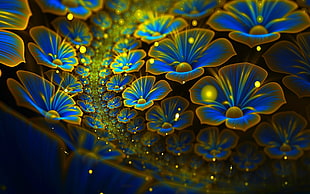 blue and green floral illustration, abstract, fractal, flowers, fractal flowers HD wallpaper