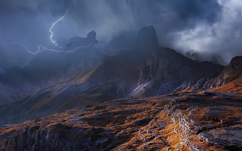 rock mountain, nature, landscape, mountains, storm HD wallpaper