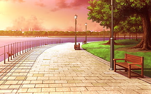 brown wooden bench beside post lamp and near body of water painting, city, river, trees, bench