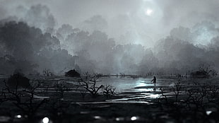man standing near body of water digital wallpaper, landscape, swamp,  grey