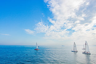 four white sailboats, sea, sailing ship, sky, water