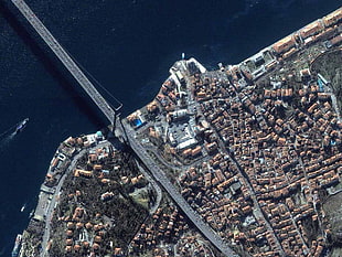 low angle photo of city with bridge near the body of water, Istanbul, Turkey, aerial view, cityscape