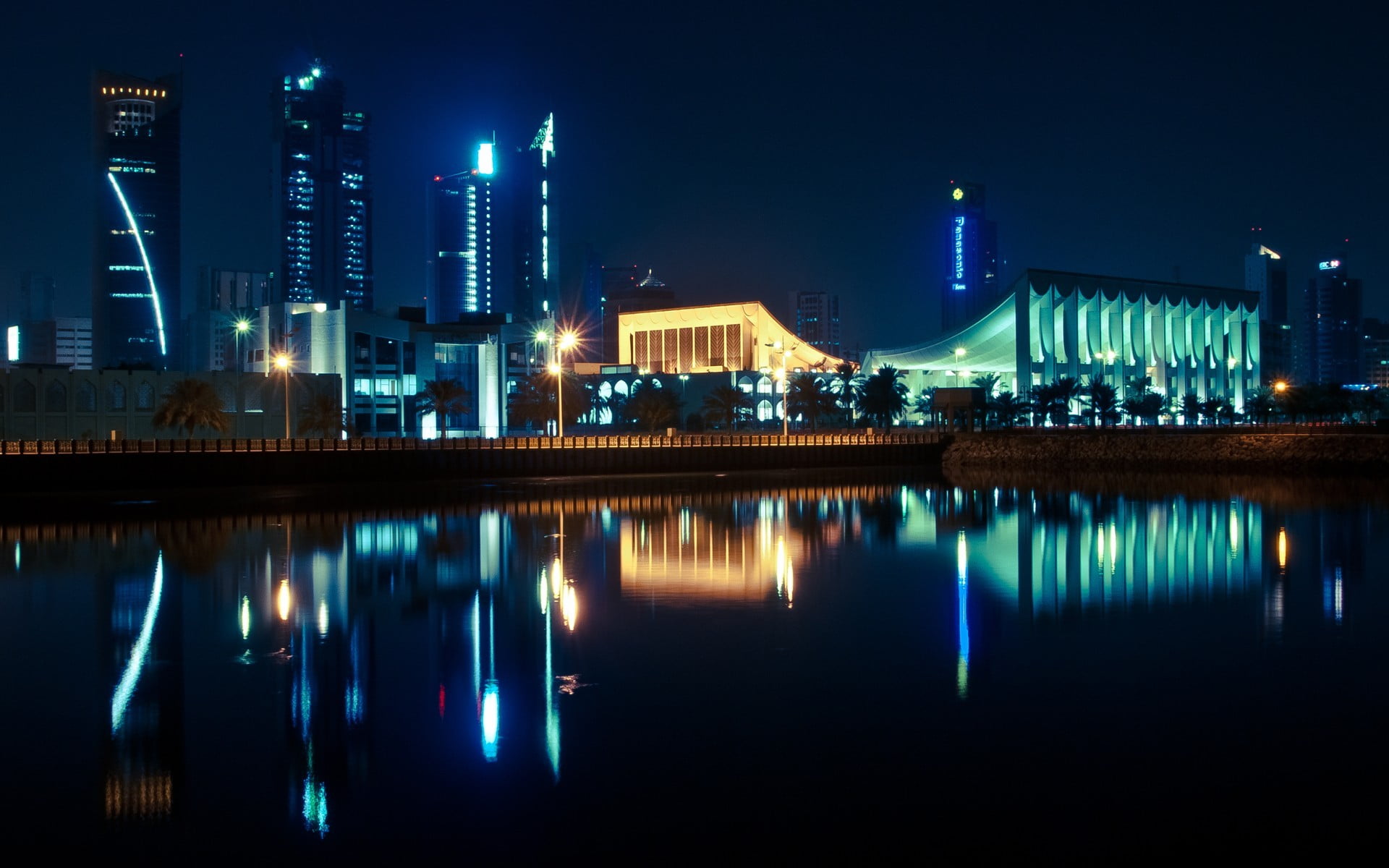 teal and yellow buildings, city, cityscape, Kuwait, night