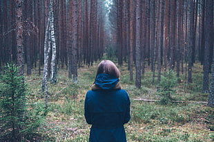 girl in blue coat at the woods HD wallpaper