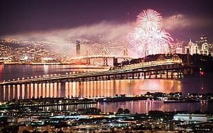 Fireworks over bridge HD wallpaper