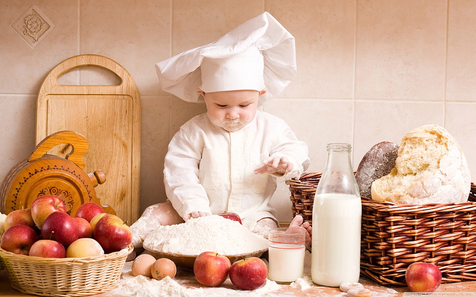 white and brown ceramic vase, baby, apples, bread, eggs HD wallpaper