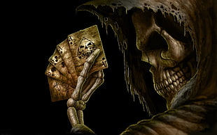 brown and black leather jacket, Grim Reaper, cards, skull, hoods