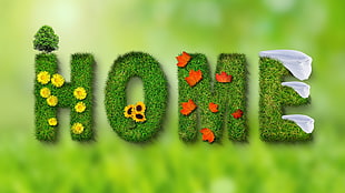 green home illustration, nature, trees, grass, text