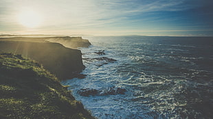 cliff shore line, cliff, coast, Sun, waves HD wallpaper