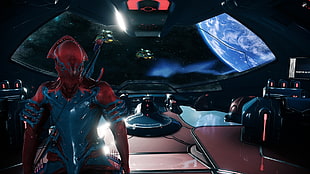 red and blue movie character, Warframe, spaceship, space