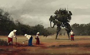 black robot and female farmers wall art, 1920, digital art, painting, science fiction