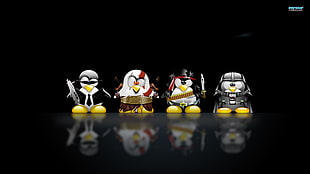 several Angry Bird figures, GNU, Tux