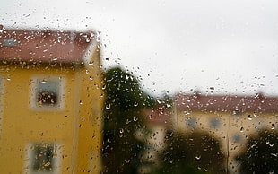 brown and yellow 2-storey house, rain, water drops, house, urban HD wallpaper
