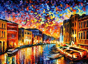 boats on body of water painting, painting, canal, Leonid Afremov, gondolas