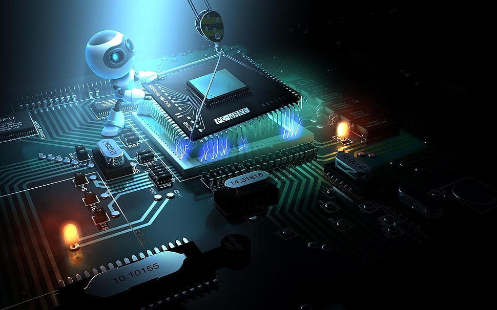 low-light photo of white and gray robot taking the computer processor of the motherboard HD wallpaper