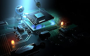 low-light photo of white and gray robot taking the computer processor of the motherboard