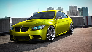 yellow BMW coupe, car