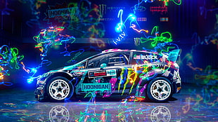 black 5-door hatchback with graffiti, Ford, Ford Fiesta, colorful, car