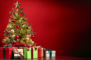 green Christmas tree with gift boxes HD wallpaper