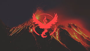 red phoenix logo with volcano background