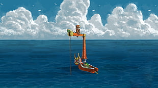 orange boat on body of water illustration