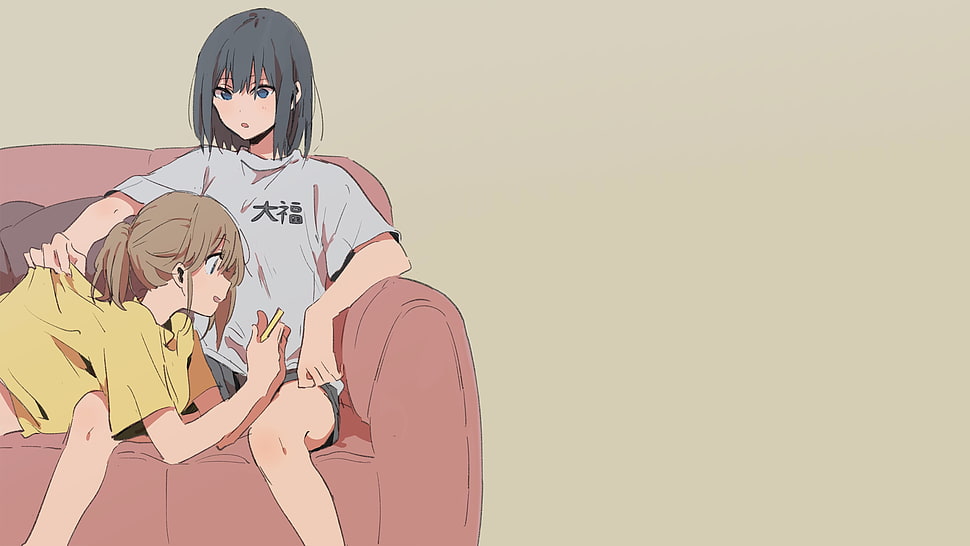 two blonde and black-haired female anime characters, anime, manga, anime girls, minimalism HD wallpaper
