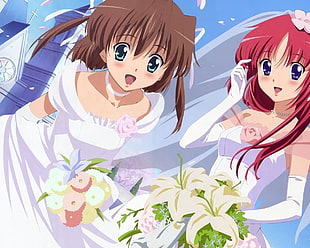 brown haired female anime character wearing bridal gown HD wallpaper