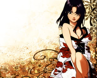 black-haired anime character in white and red floral top digital wallpaper
