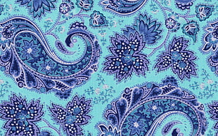 blue and purple paisley printed textile