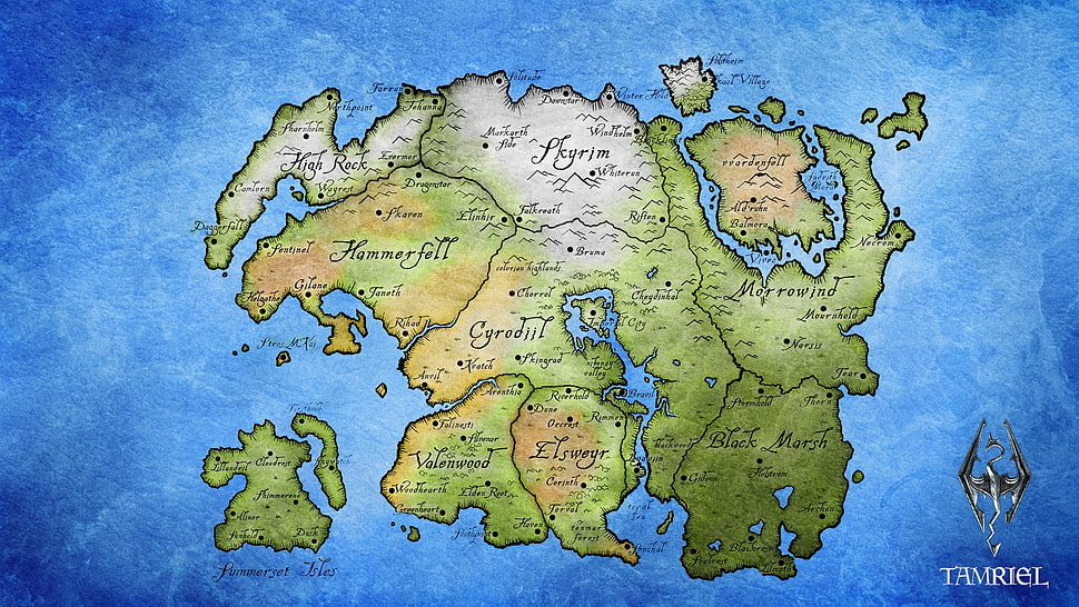 green and blue Tamriel map HD wallpaper