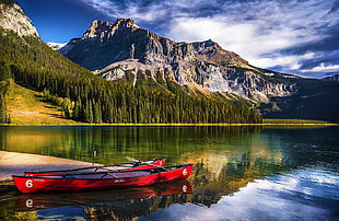 two red kayaks, landscape, nature, lake, mountains