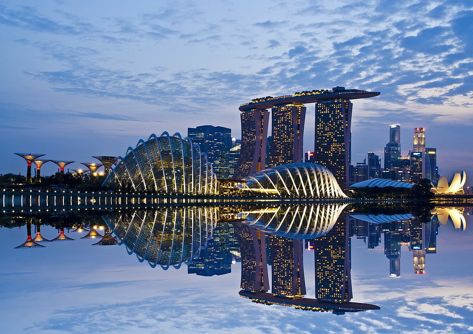 city skyline, cityscape, architecture, reflection, Singapore HD wallpaper
