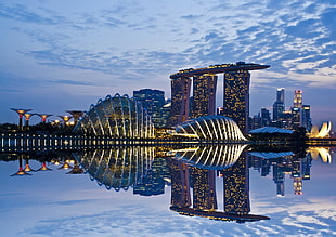 city skyline, cityscape, architecture, reflection, Singapore