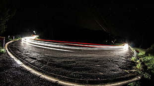 time lapse photo of vehicle on gray concrete pavement, long exposure, night, road, lights