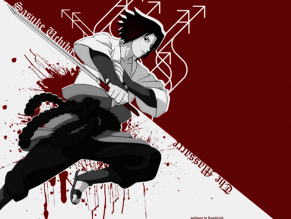 Uchiha Sasuke wallpaper, Uchiha Sasuke, Naruto Shippuuden, paint splatter, arrows HD wallpaper