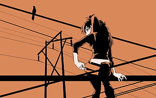 woman sitting on electric wires illustration HD wallpaper