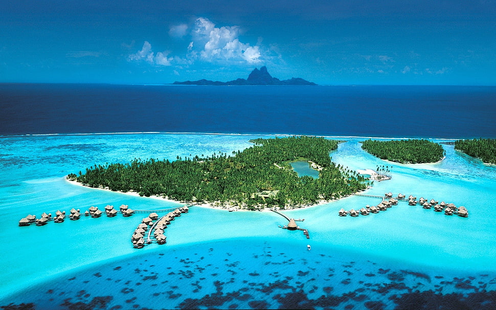 aerial photo of island, landscape, Bora Bora, beach, sea HD wallpaper