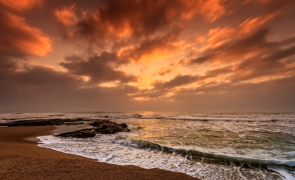 brown sand beside sea during sunset HD wallpaper