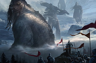 warriors holding red flags, fantasy art, giant