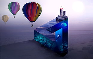 art photography of hot air balloons and maze aquarium HD wallpaper