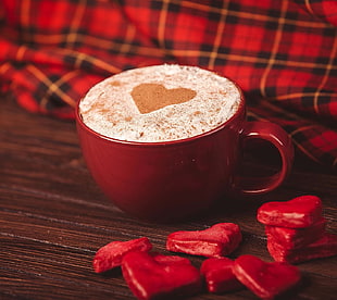 red ceramic cup, coffee, drink, love HD wallpaper